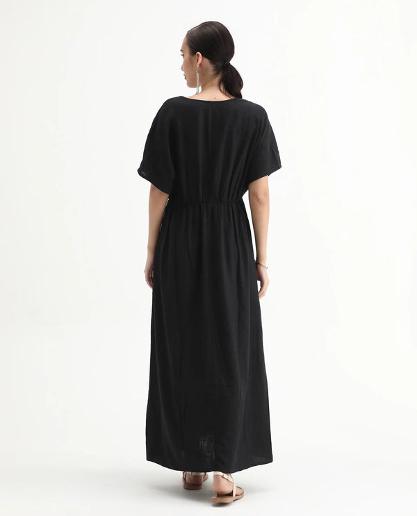 Rareism Women Flynn Light Black Cotton Linen Fabric Solid Relaxed Fit Ankle Length Dress