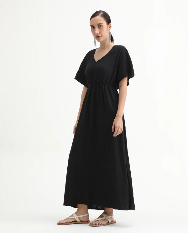Rareism Women Flynn Light Black Cotton Linen Fabric Solid Relaxed Fit Ankle Length Dress
