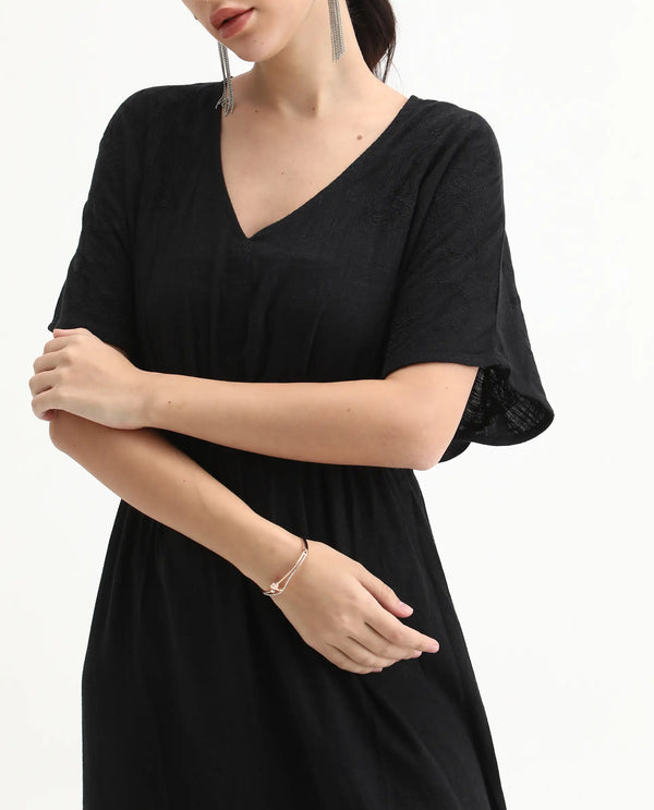 Rareism Women Flynn Light Black Cotton Linen Fabric Solid Relaxed Fit Ankle Length Dress