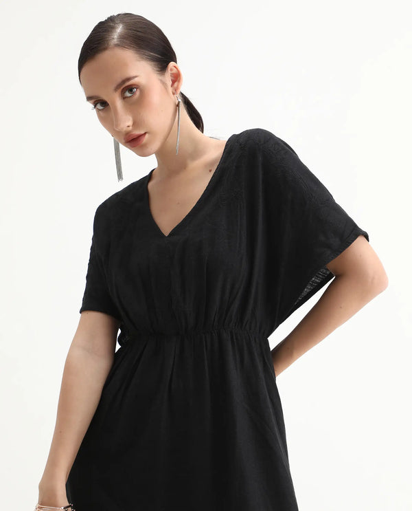 Rareism Women Flynn Light Black Cotton Linen Fabric Solid Relaxed Fit Ankle Length Dress