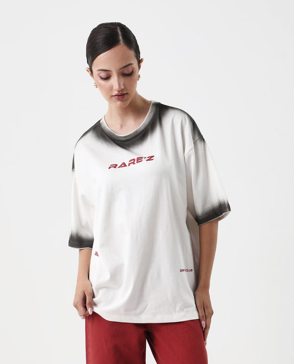 Rareism Women Foakoe Off White Pull On Closure Cotton Fabric Oversized Fit Regular Length Graphic Print T-Shirt