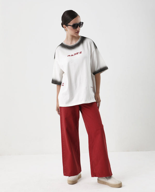 Rareism Women Foakoe Off White Pull On Closure Cotton Fabric Oversized Fit Regular Length Graphic Print T-Shirt