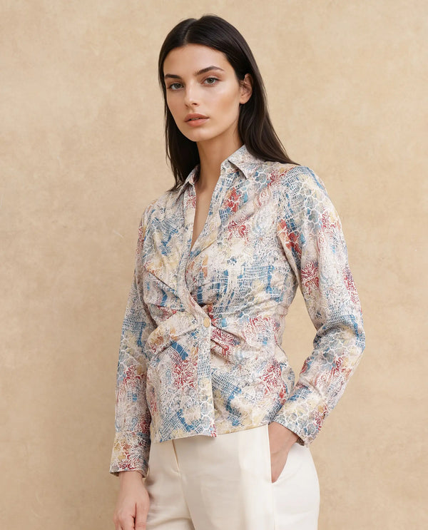 Rareism Women Foggia Light Multi Johnny Collar Button Closure Regular Fit Printed Top