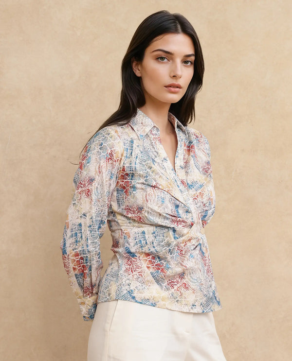 Rareism Women Foggia Light Multi Johnny Collar Button Closure Regular Fit Printed Top