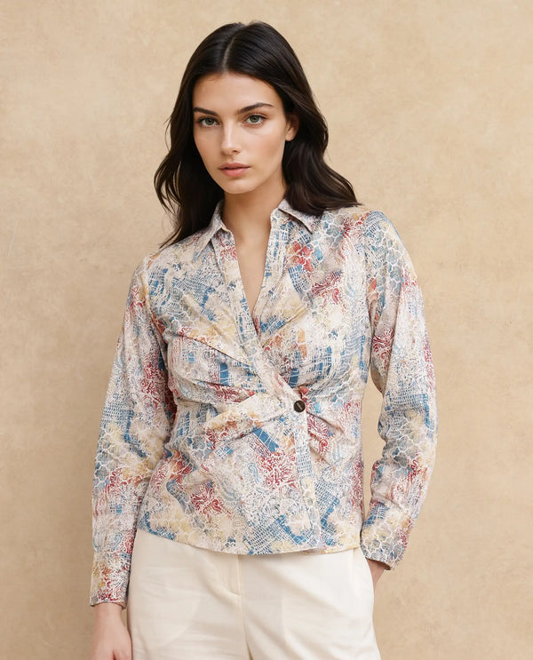 Rareism Women Foggia Light Multi Johnny Collar Button Closure Regular Fit Printed Top