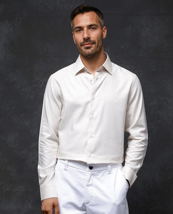 Rare Rabbit Men Forde Off White Cotton Melange Fabric Full Sleeve Regular Fit Solid Shirt
