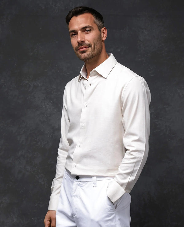 Rare Rabbit Men Forde Off White Cotton Melange Fabric Full Sleeve Regular Fit Solid Shirt