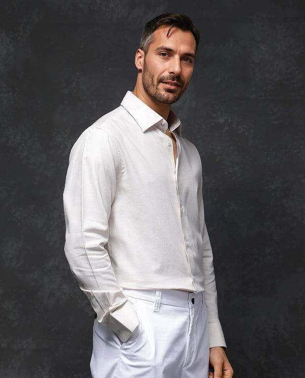 Rare Rabbit Men Forde Off White Cotton Melange Fabric Full Sleeve Regular Fit Solid Shirt