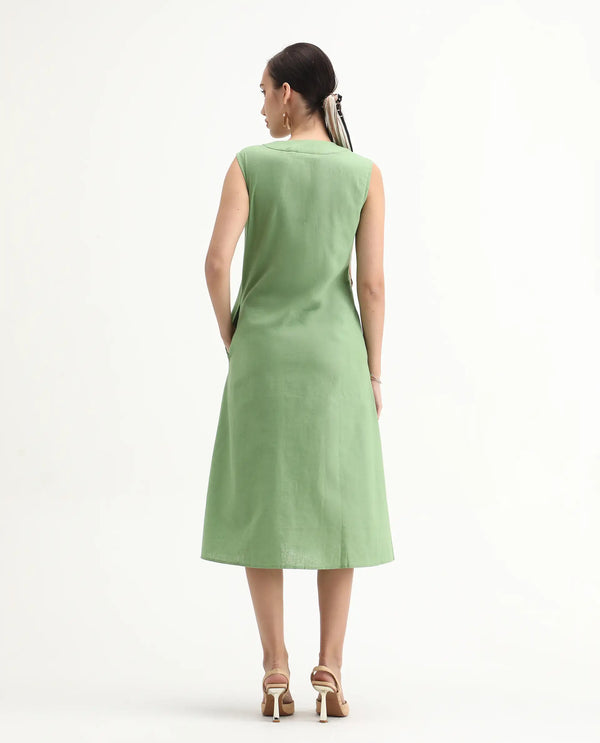 Rareism Women Foream Pastel Green Cotton Linen Fabric Sleeveless V-Neck Solid Longline Dress
