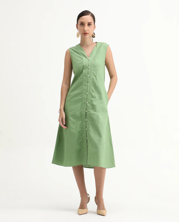 Rareism Women Foream Pastel Green Cotton Linen Fabric Sleeveless V-Neck Solid Longline Dress