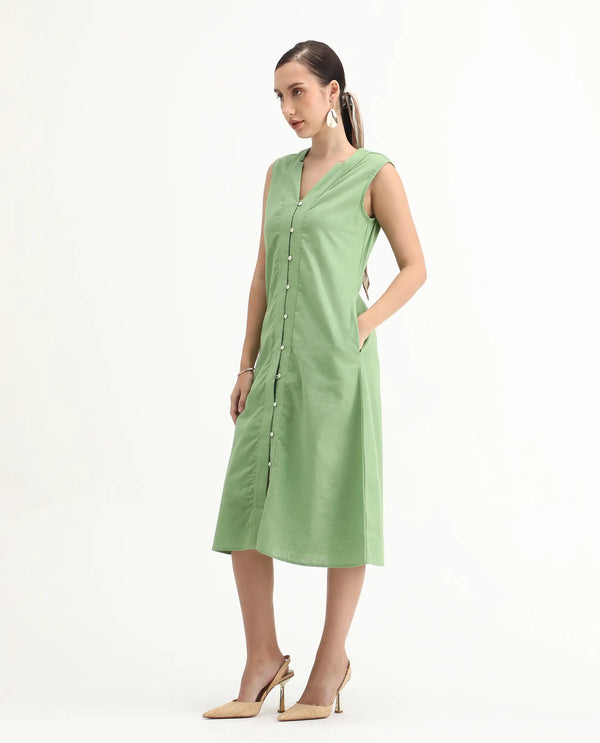 Rareism Women Foream Pastel Green Cotton Linen Fabric Sleeveless V-Neck Solid Longline Dress