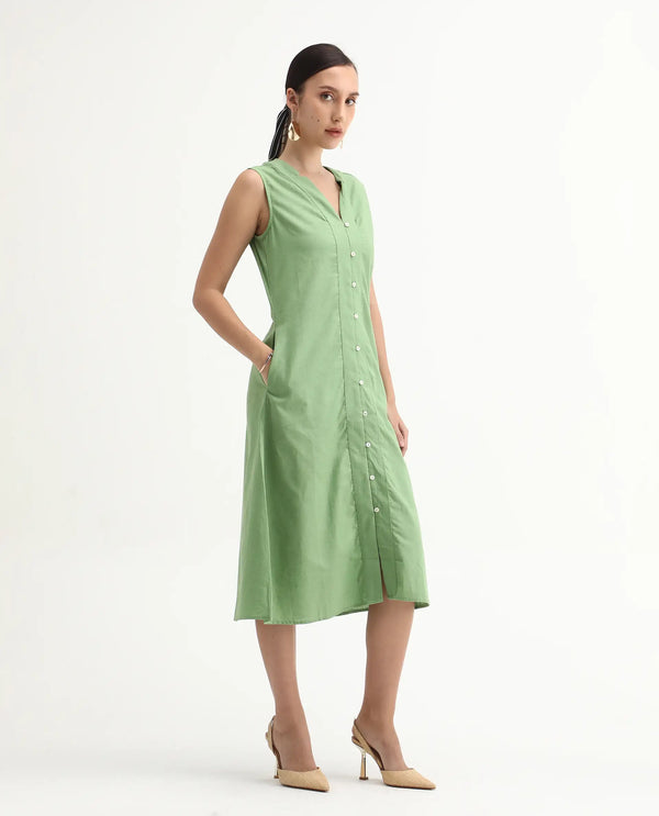 Rareism Women Foream Pastel Green Cotton Linen Fabric Sleeveless V-Neck Solid Longline Dress