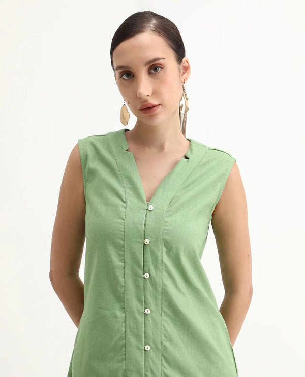 Rareism Women Foream Pastel Green Cotton Linen Fabric Sleeveless V-Neck Solid Longline Dress
