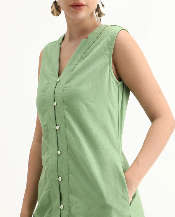 Rareism Women Foream Pastel Green Cotton Linen Fabric Sleeveless V-Neck Solid Longline Dress