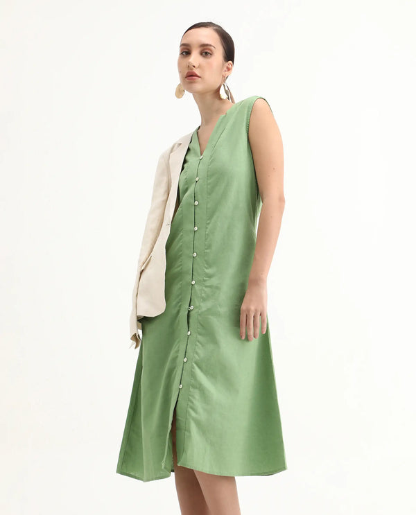 Rareism Women Foream Pastel Green Cotton Linen Fabric Sleeveless V-Neck Solid Longline Dress