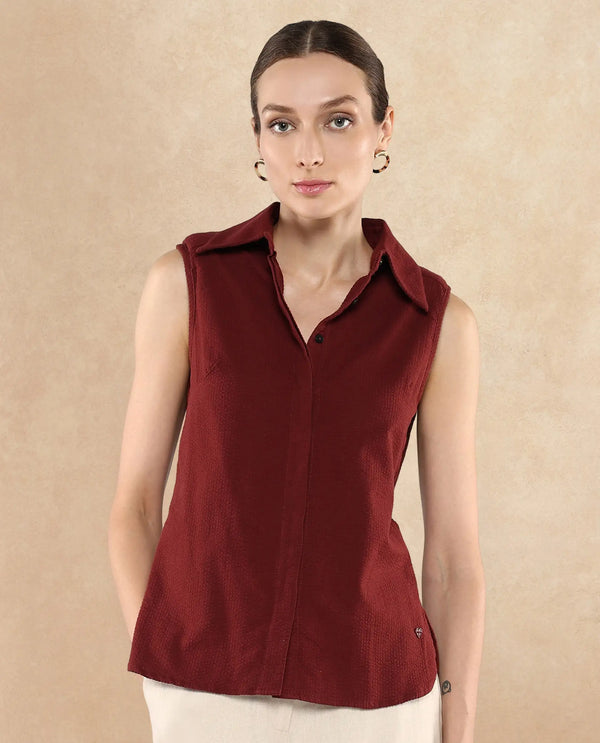 Rareism Women Forli Brown Sleeveless Collared Neck  Plain Shirt