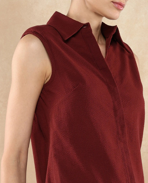 Rareism Women Forli Brown Sleeveless Collared Neck  Plain Shirt
