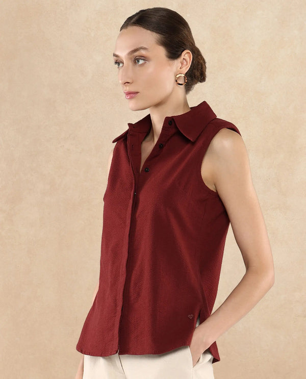 Rareism Women Forli Brown Sleeveless Collared Neck  Plain Shirt
