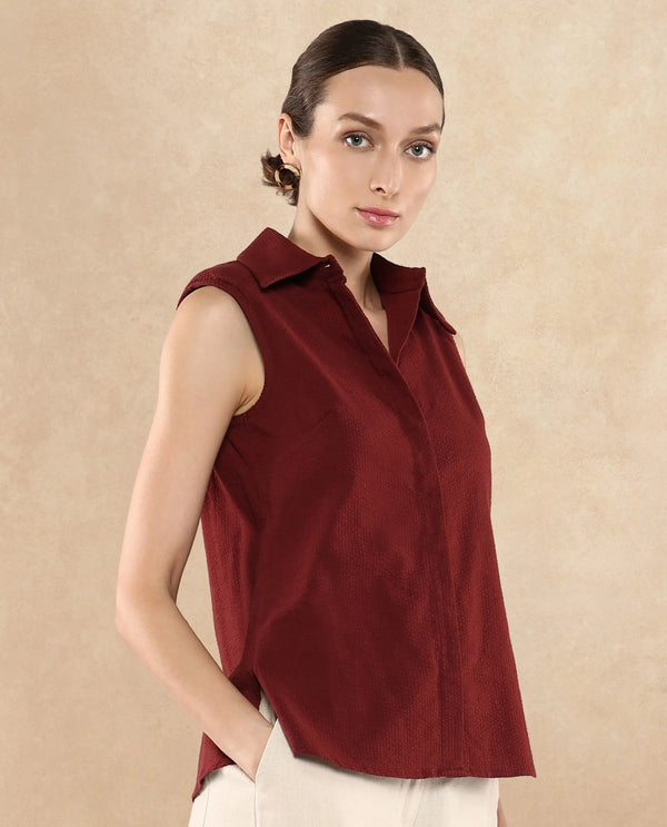 Rareism Women Forli Brown Sleeveless Collared Neck  Plain Shirt
