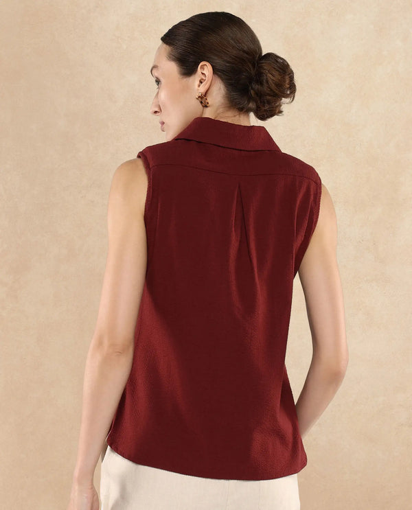 Rareism Women Forli Brown Sleeveless Collared Neck  Plain Shirt