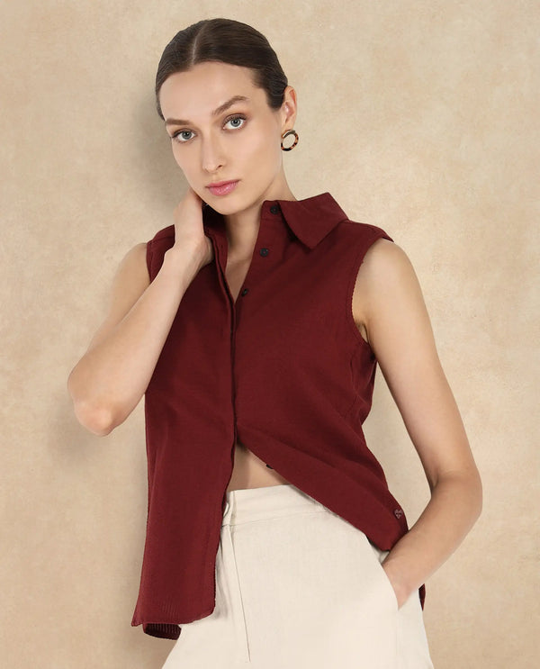 Rareism Women Forli Brown Sleeveless Collared Neck  Plain Shirt