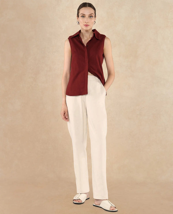 Rareism Women Forli Brown Sleeveless Collared Neck  Plain Shirt