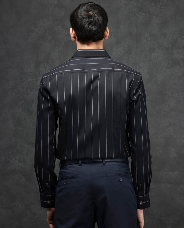 Rare Rabbit Mens Forty Black Cotton Fabric Full Sleeve Regular Fit Self Stripe Dobby Shirt