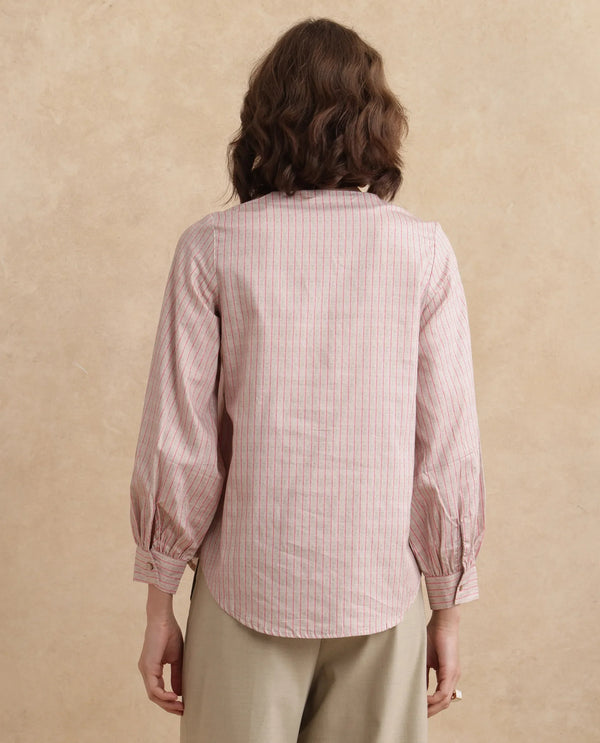 Rareism Women Fotopo Light Pink Bishop Sleeves Mandarin Collar Regular Fit Flannel Print Shirt