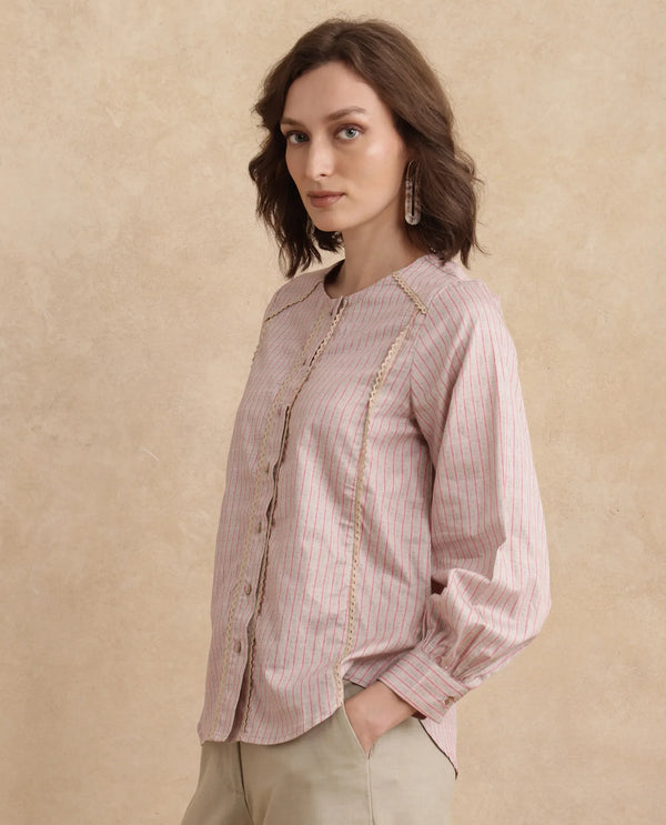 Rareism Women Fotopo Light Pink Bishop Sleeves Mandarin Collar Regular Fit Flannel Print Shirt