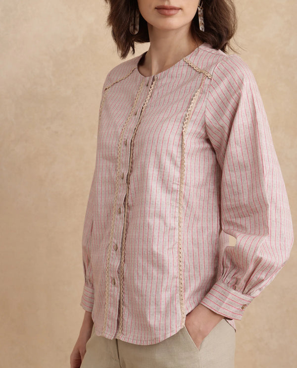Rareism Women Fotopo Light Pink Bishop Sleeves Mandarin Collar Regular Fit Flannel Print Shirt
