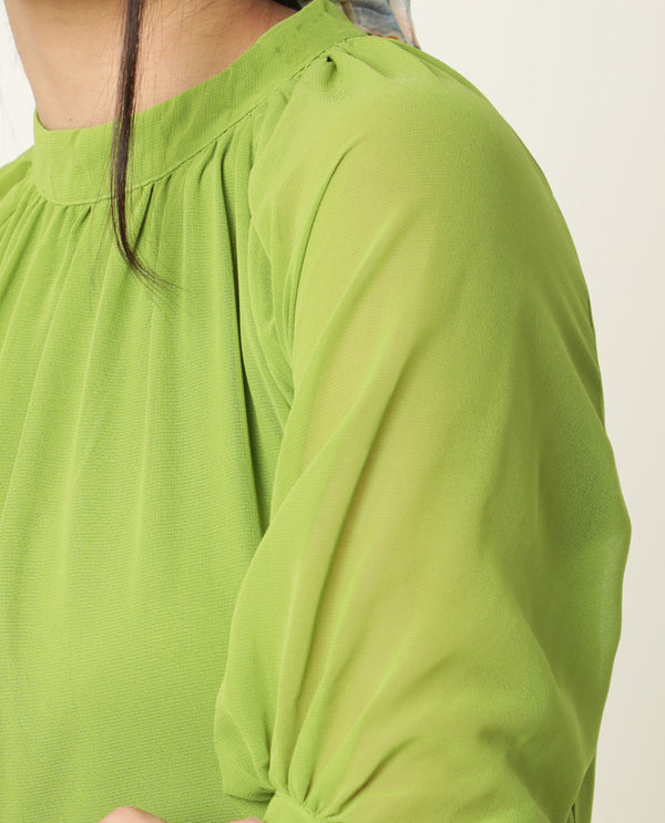 Rareism Women Frag Green High Collared Neck With Gathers Short Sleeves With Cuff Back Button Closure Midi Dress
