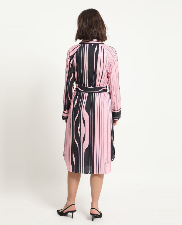 Rareism Women Fraser Dark Pink Cotton Fabric Full Sleeves Button Closure Shirt Collar Cuffed Sleeve Fit And Flare Striped Midi Boxy Dress