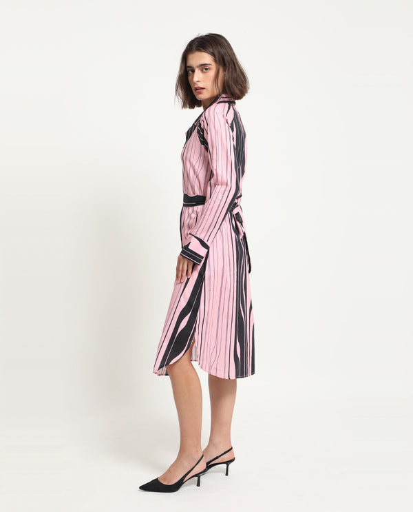 Rareism Women Fraser Dark Pink Cotton Fabric Full Sleeves Button Closure Shirt Collar Cuffed Sleeve Fit And Flare Striped Midi Boxy Dress