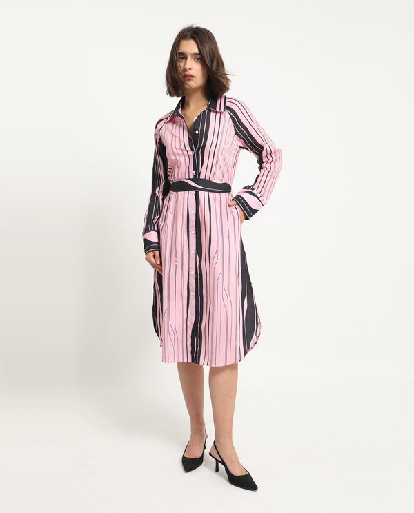 Rareism Women Fraser Dark Pink Cotton Fabric Full Sleeves Button Closure Shirt Collar Cuffed Sleeve Fit And Flare Striped Midi Boxy Dress