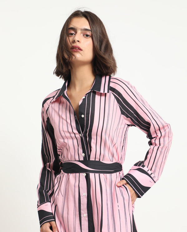 Rareism Women Fraser Dark Pink Cotton Fabric Full Sleeves Button Closure Shirt Collar Cuffed Sleeve Fit And Flare Striped Midi Boxy Dress
