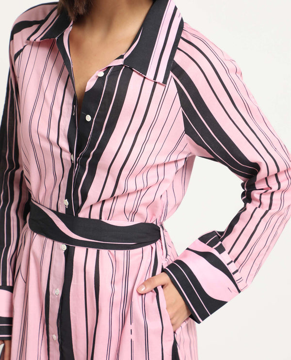 Rareism Women Fraser Dark Pink Cotton Fabric Full Sleeves Button Closure Shirt Collar Cuffed Sleeve Fit And Flare Striped Midi Boxy Dress