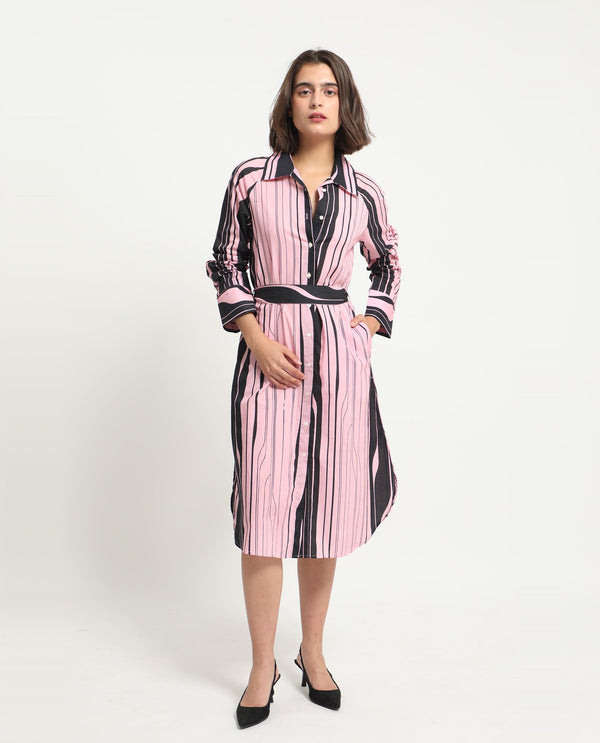 Rareism Women Fraser Dark Pink Cotton Fabric Full Sleeves Button Closure Shirt Collar Cuffed Sleeve Fit And Flare Striped Midi Boxy Dress