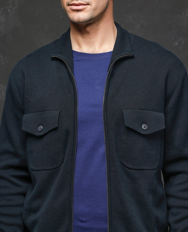 Rare Rabbit Men's Freddo Black Cotton Fabric Full Sleeve Mandarin Collar Zipper Closure Relaxed Fit Solid Jacket
