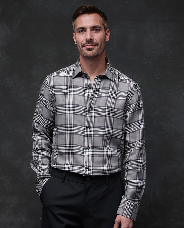 Rare Rabbit Men Fredo-2 Grey Tencel Fabric Full Sleeve Regular Fit Premium Check Print Shirt