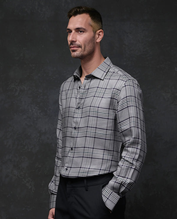 Rare Rabbit Men Fredo-2 Grey Tencel Fabric Full Sleeve Regular Fit Premium Check Print Shirt