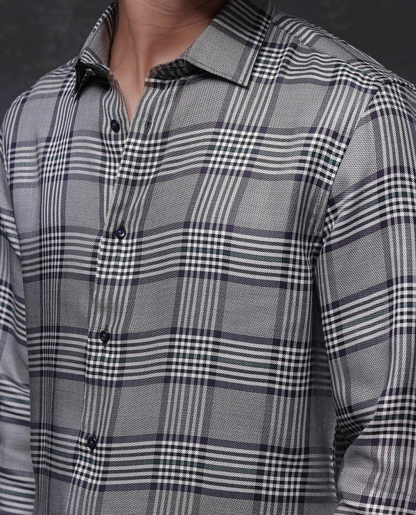 Rare Rabbit Men Fredo-2 Grey Tencel Fabric Full Sleeve Regular Fit Premium Check Print Shirt