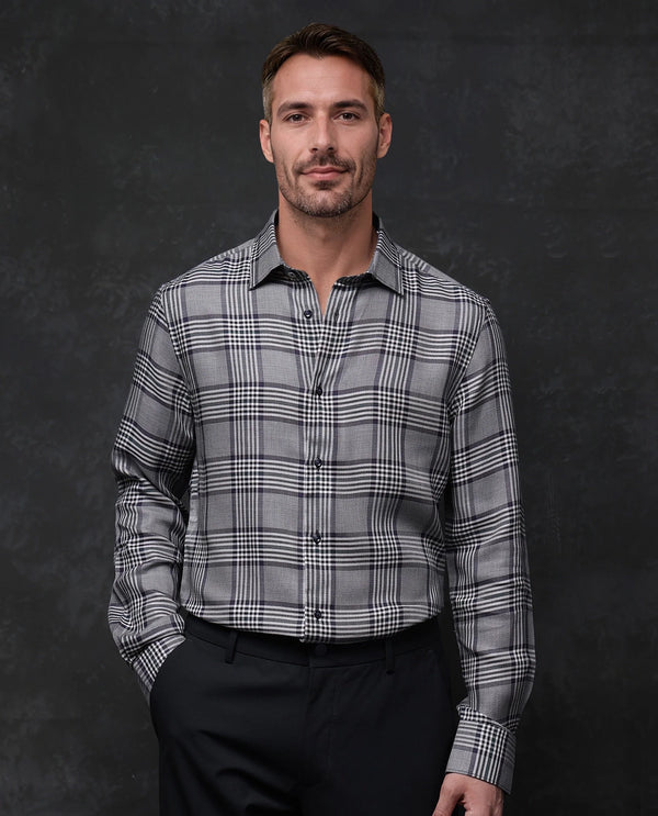 Rare Rabbit Men Fredo-2 Grey Tencel Fabric Full Sleeve Regular Fit Premium Check Print Shirt