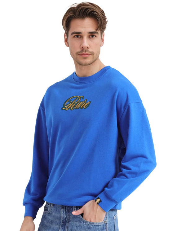 Rare Rabbit Men's Frejus Blue Cotton Blend Fabric Full Sleeve Crew Neck Printed Sweatshirt