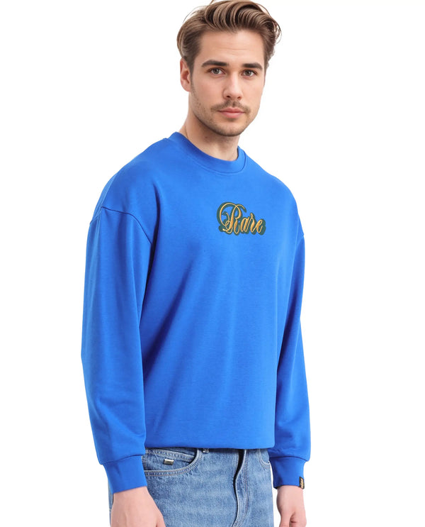 Rare Rabbit Men's Frejus Blue Cotton Blend Fabric Full Sleeve Crew Neck Printed Sweatshirt
