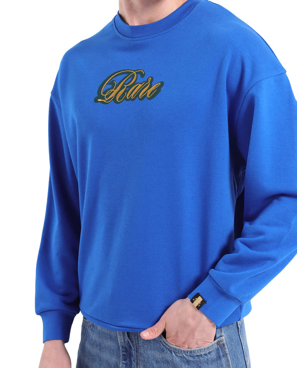 Rare Rabbit Men's Frejus Blue Cotton Blend Fabric Full Sleeve Crew Neck Printed Sweatshirt