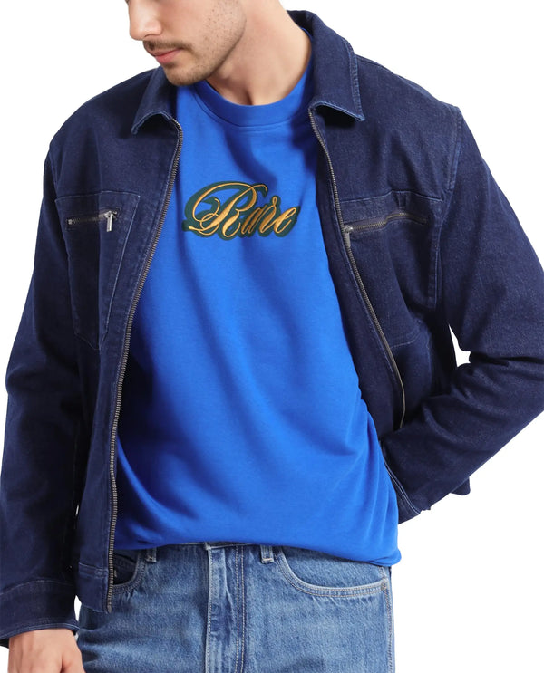 Rare Rabbit Men's Frejus Blue Cotton Blend Fabric Full Sleeve Crew Neck Printed Sweatshirt