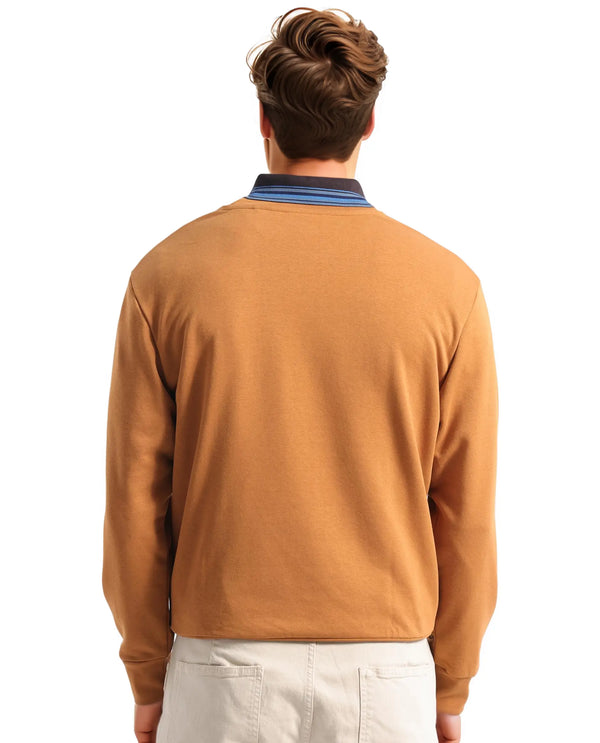Rare Rabbit Men's Frejus Dusky Orange Cotton Blend Fabric Full Sleeve Crew Neck Printed Sweatshirt