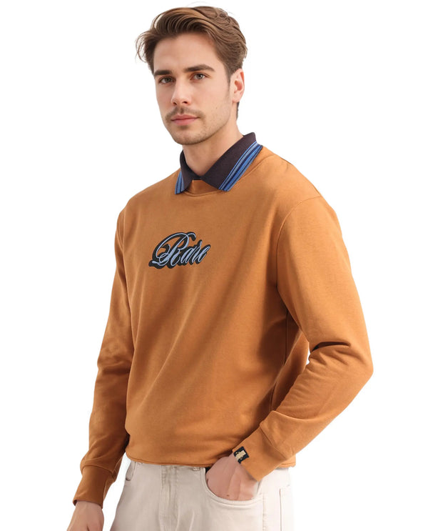 Rare Rabbit Men's Frejus Dusky Orange Cotton Blend Fabric Full Sleeve Crew Neck Printed Sweatshirt