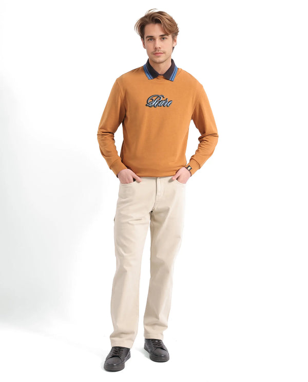 Rare Rabbit Men's Frejus Dusky Orange Cotton Blend Fabric Full Sleeve Crew Neck Printed Sweatshirt