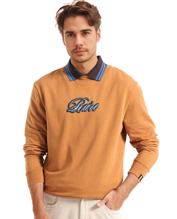 Rare Rabbit Men's Frejus Dusky Orange Cotton Blend Fabric Full Sleeve Crew Neck Printed Sweatshirt
